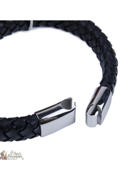 Bracelet cuir et métal inoxydable avec croix