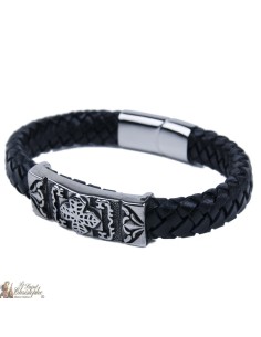 Bracelet cuir et métal inoxydable avec croix