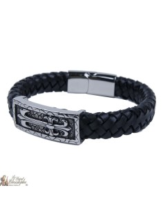 Leather and stainless steel bracelet with cross