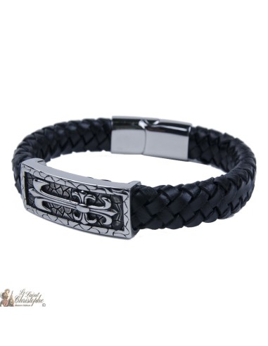 Leather and stainless steel bracelet with cross